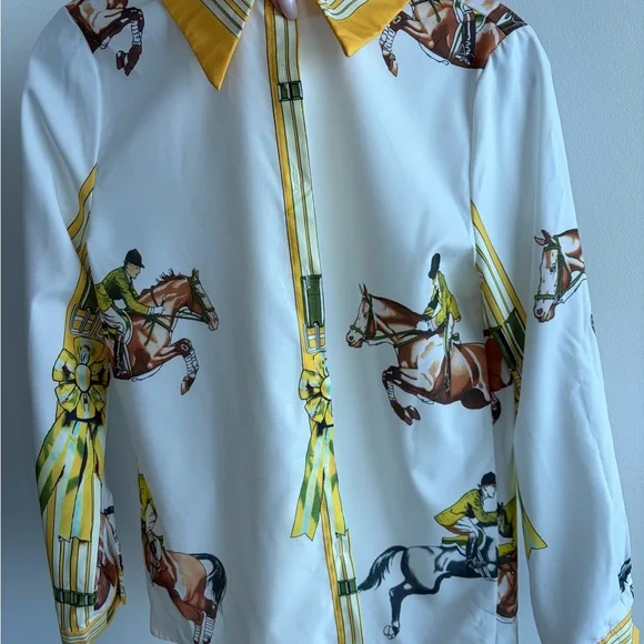 Equestrian Print Button Down Shirt - Yellow and White - Picture 6 of 6